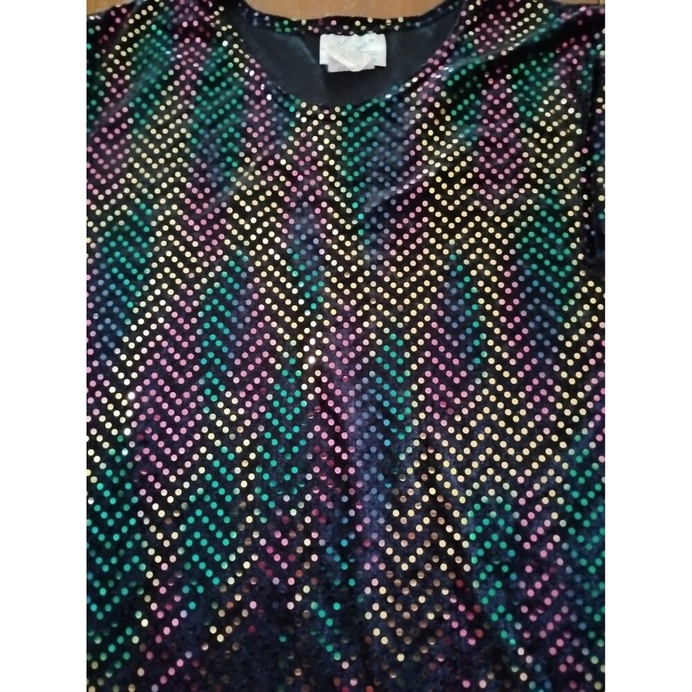 VTG Kathie Lee Collection Women's Sz.L Metallic Rainbow Black Short Sleeve Top